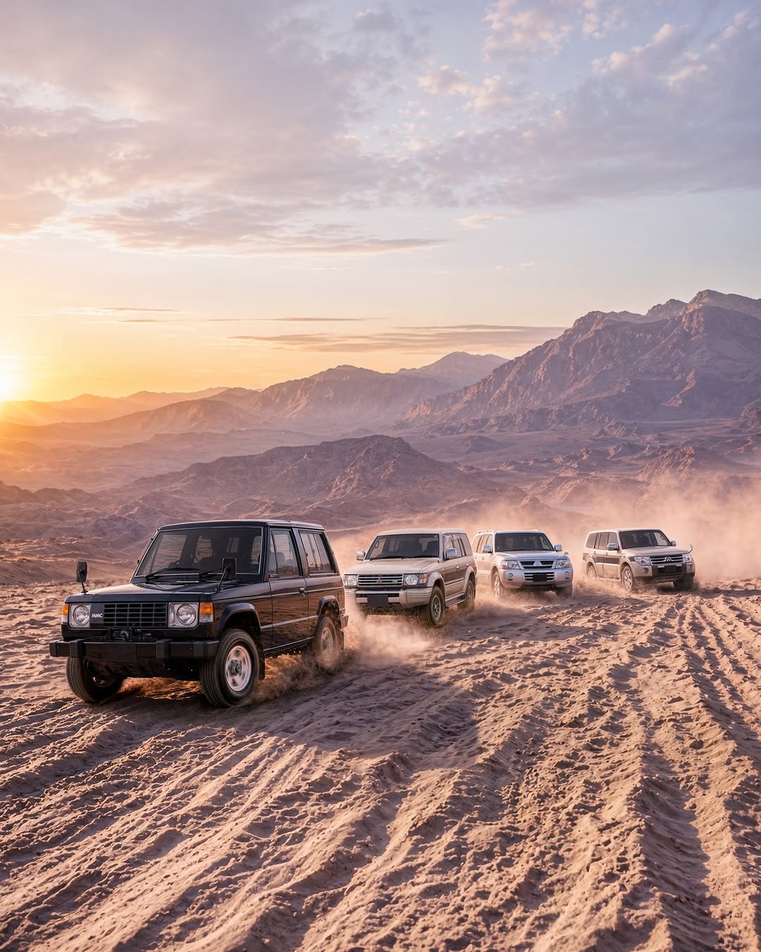 Four generations of Mitsubishi Pajero driving across desert dunes at sunrise