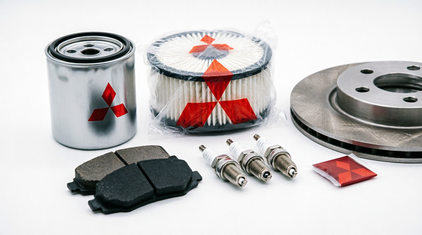 Genuine Mitsubishi oil filter, air filter, brake pads, spark plugs and brake disc