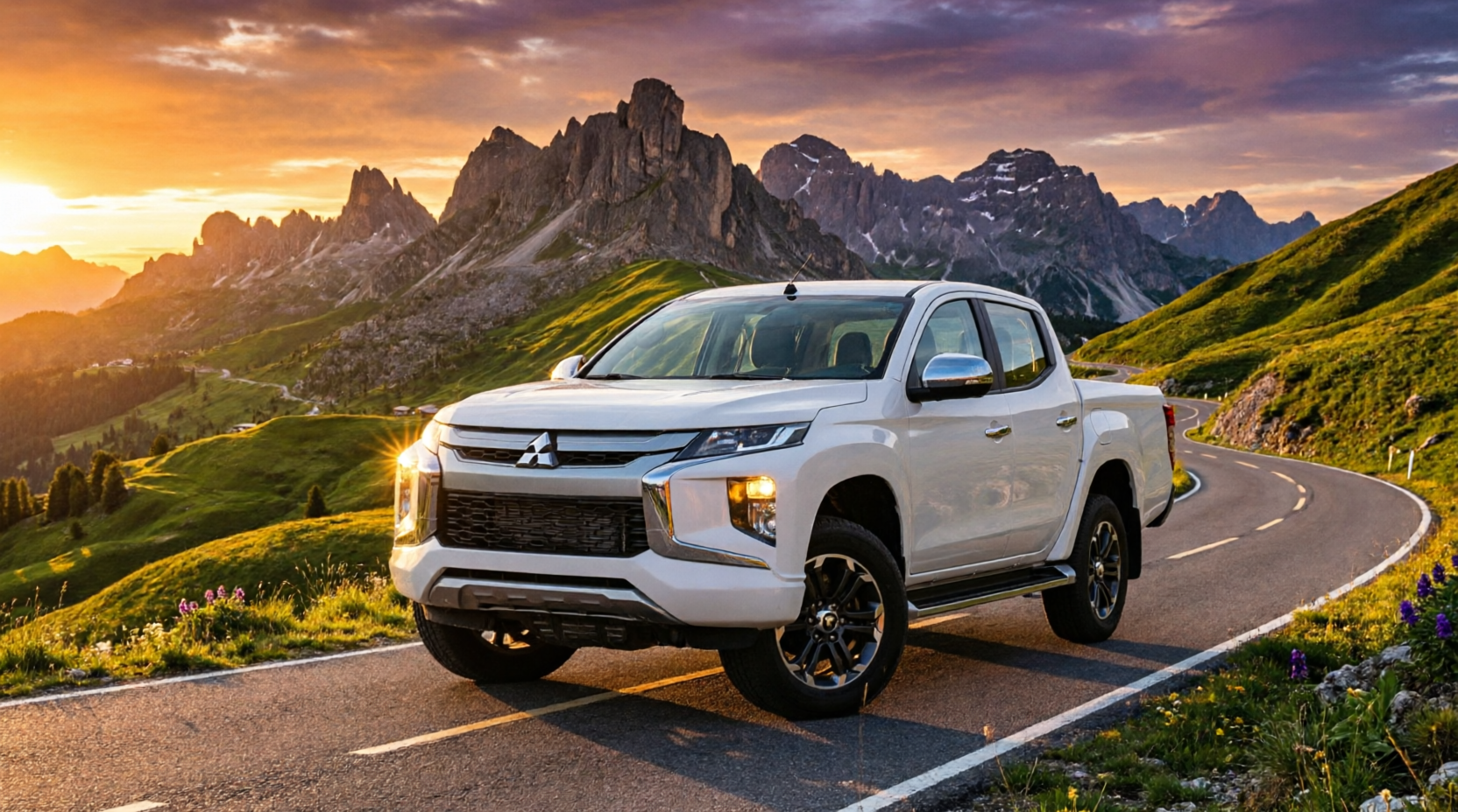 Brand-new white Mitsubishi L200 Double Cab on a mountain pass at sunset