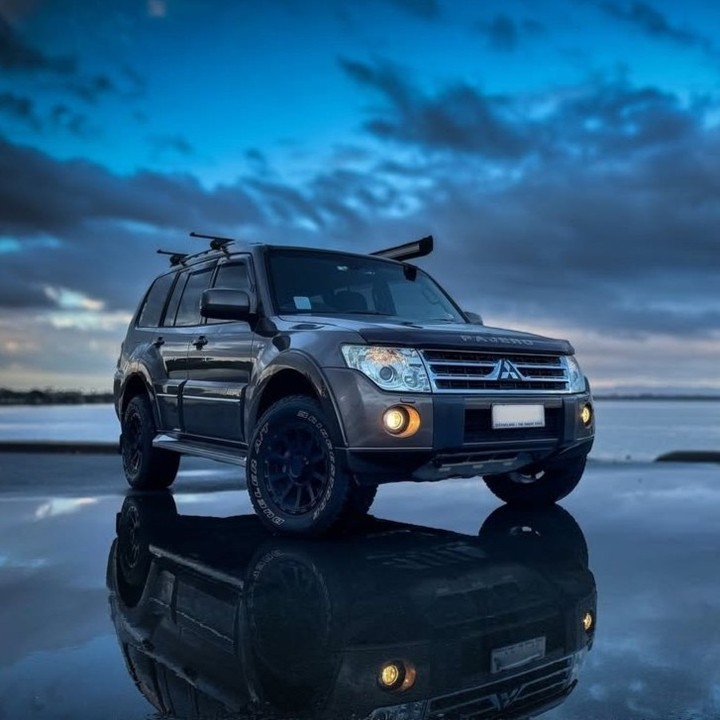 Mitsubishi Pajero at dusk on a salt flat