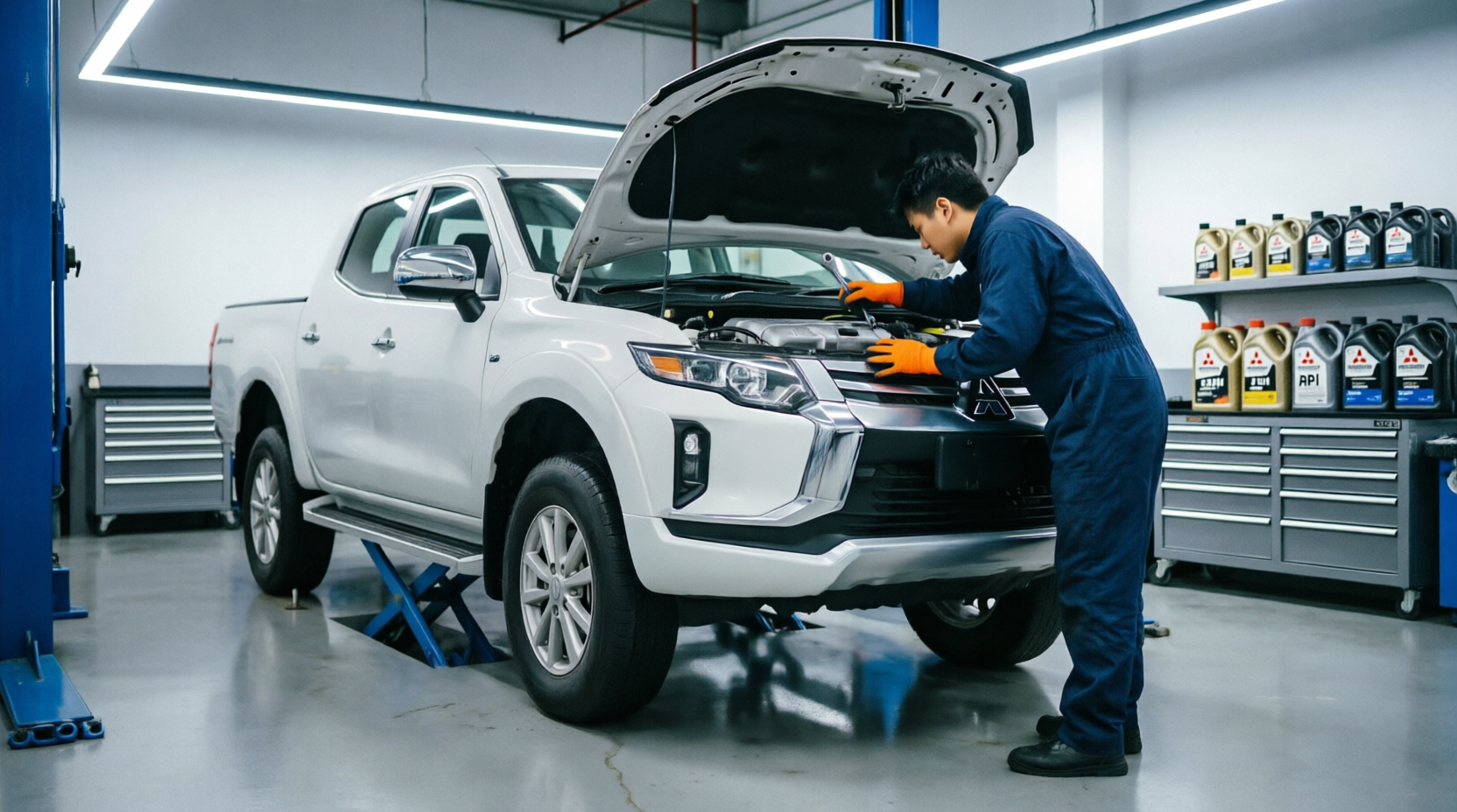 Mitsubishi technician servicing a white L200 pickup in the workshop