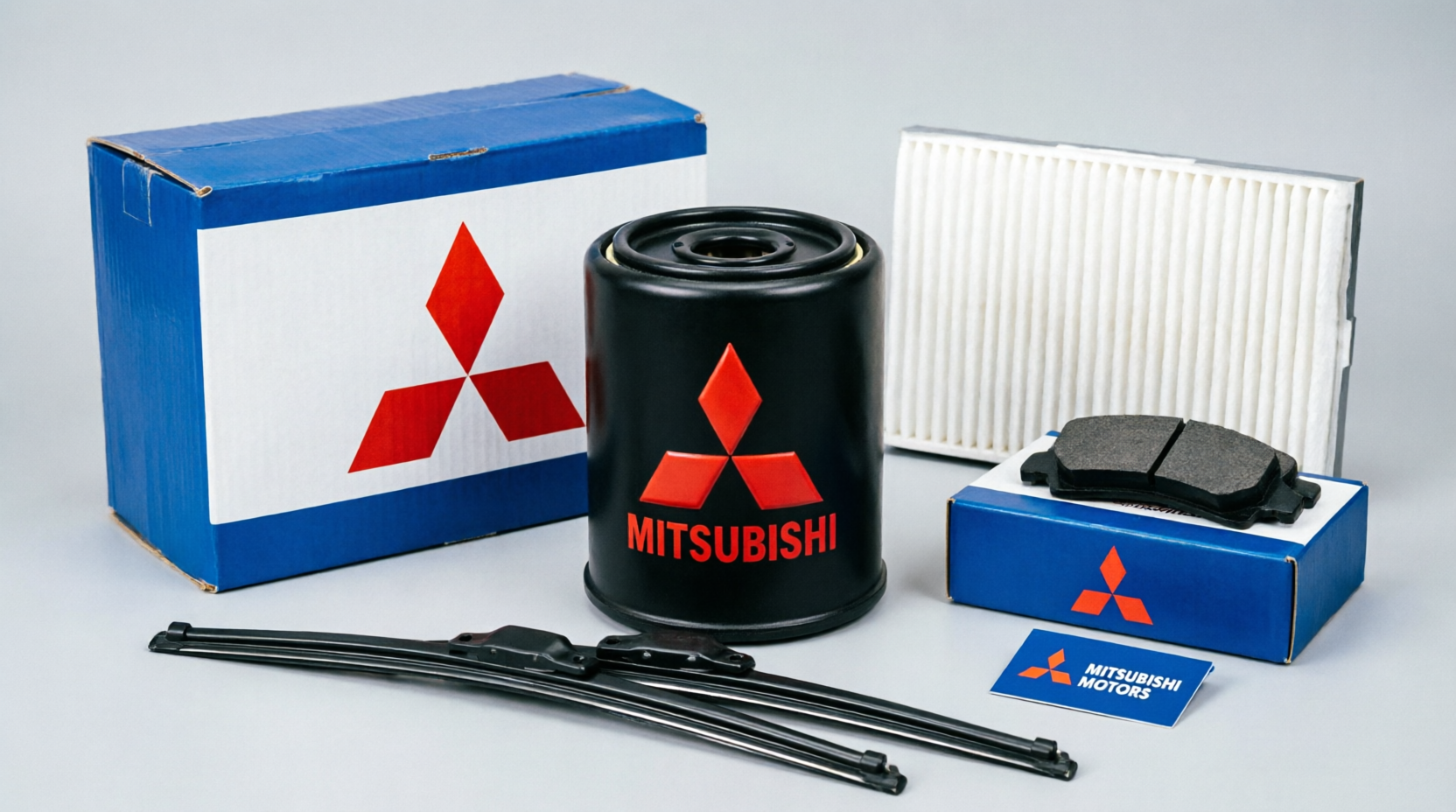 Boxed genuine Mitsubishi filters, brake pads and wiper blades